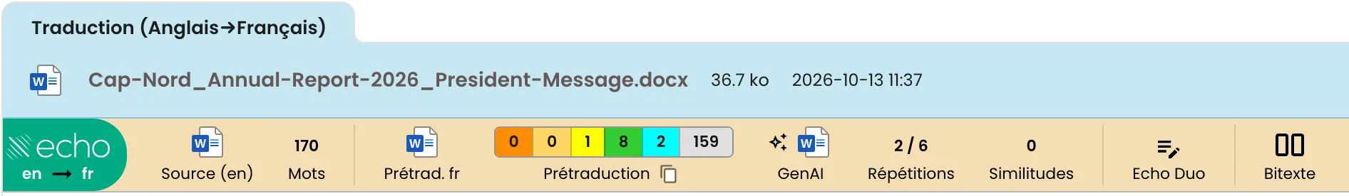 Analyse automatique d’un document : nombre de mots, niveaux de prétraduction, traduction IA, répétitions et documents similaires.