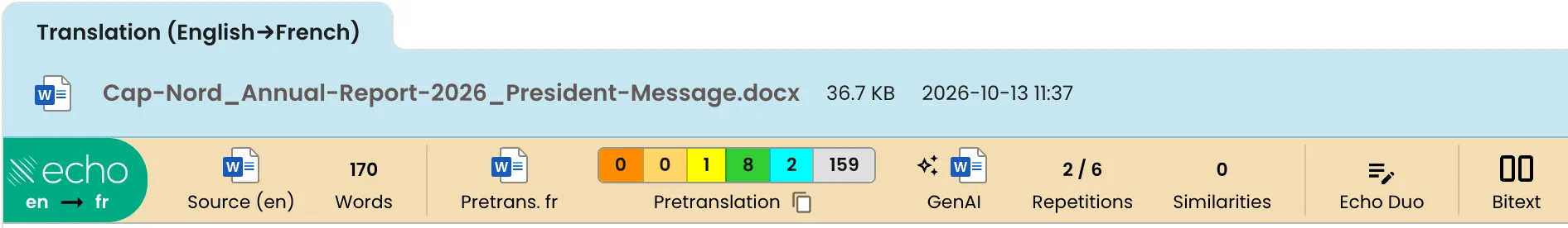 Automatic document analysis: word count, pre-translation levels, AI translation, repetitions and similar documents.