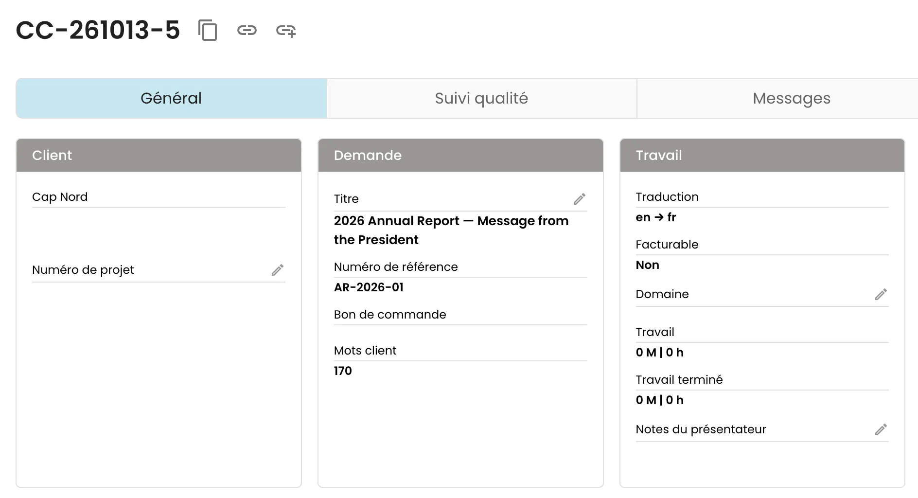 Fiche d’une demande dans Broca : client, titre, numéro de référence, langues, mots du client, gestion et échéance.